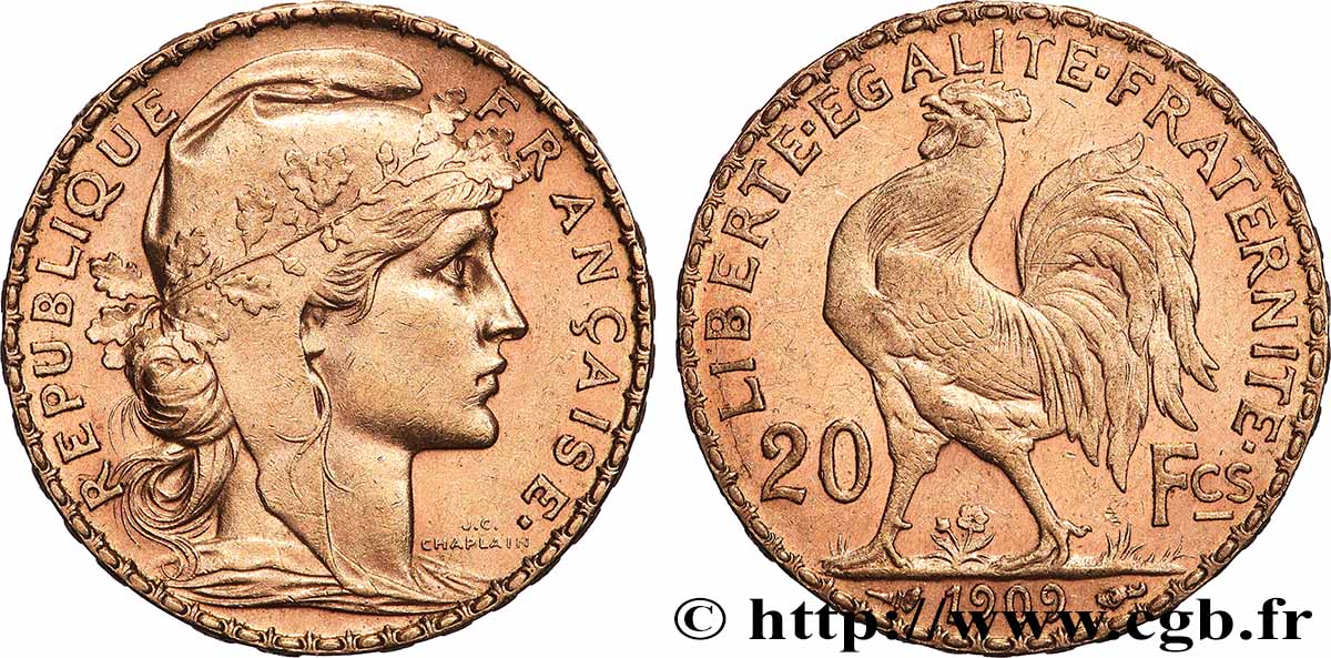 20 francs or Coq, Liberté Égalité Fraternité 1909 Paris F.535/3 SUP 