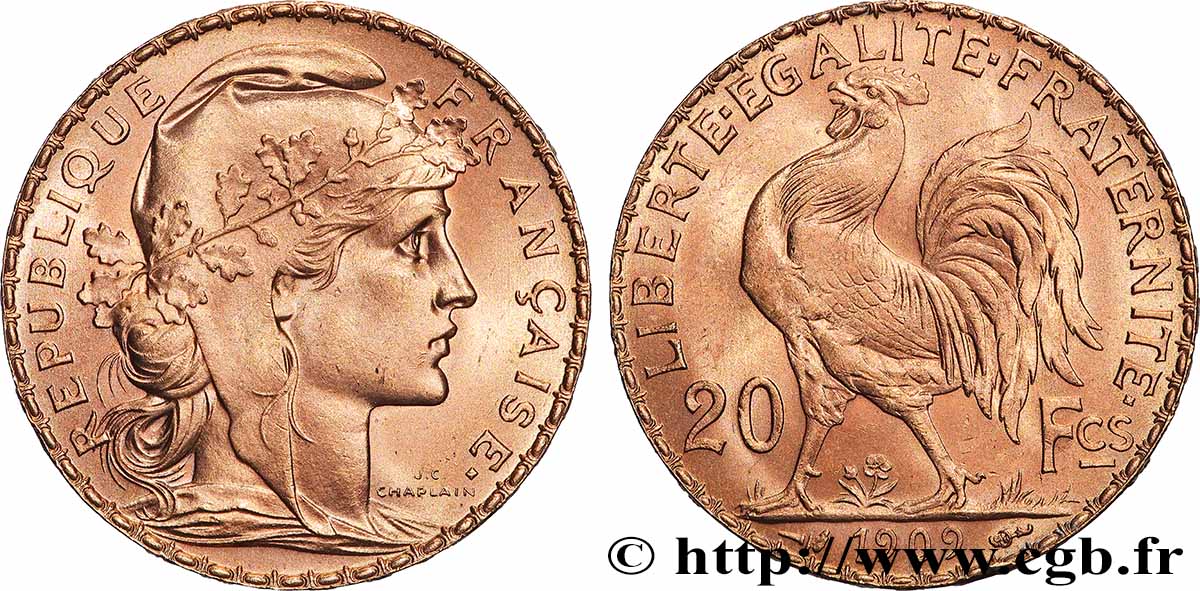 20 francs or Coq, Liberté Égalité Fraternité 1909 Paris F.535/3 MS 