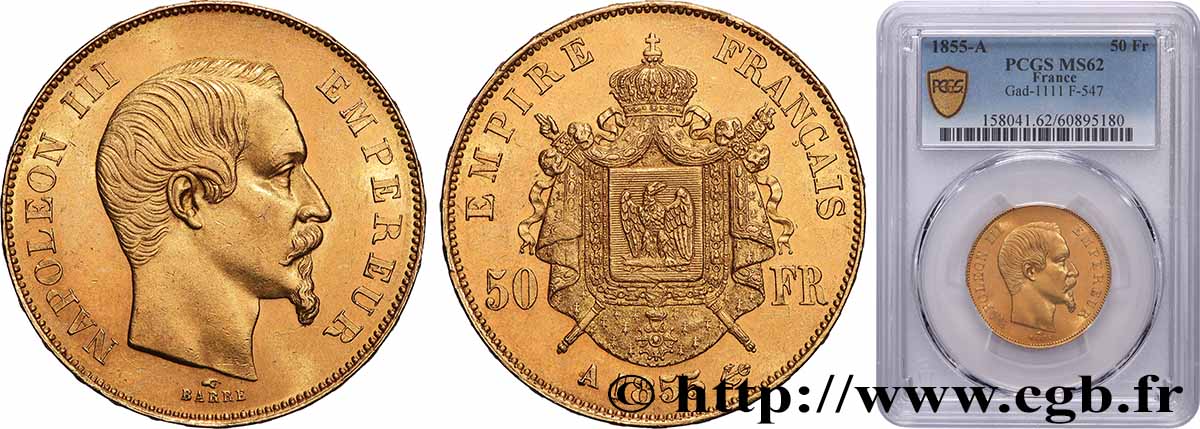 50 francs or Napoléon III, tête nue 1855 Paris F.547/1 SUP62 PCGS