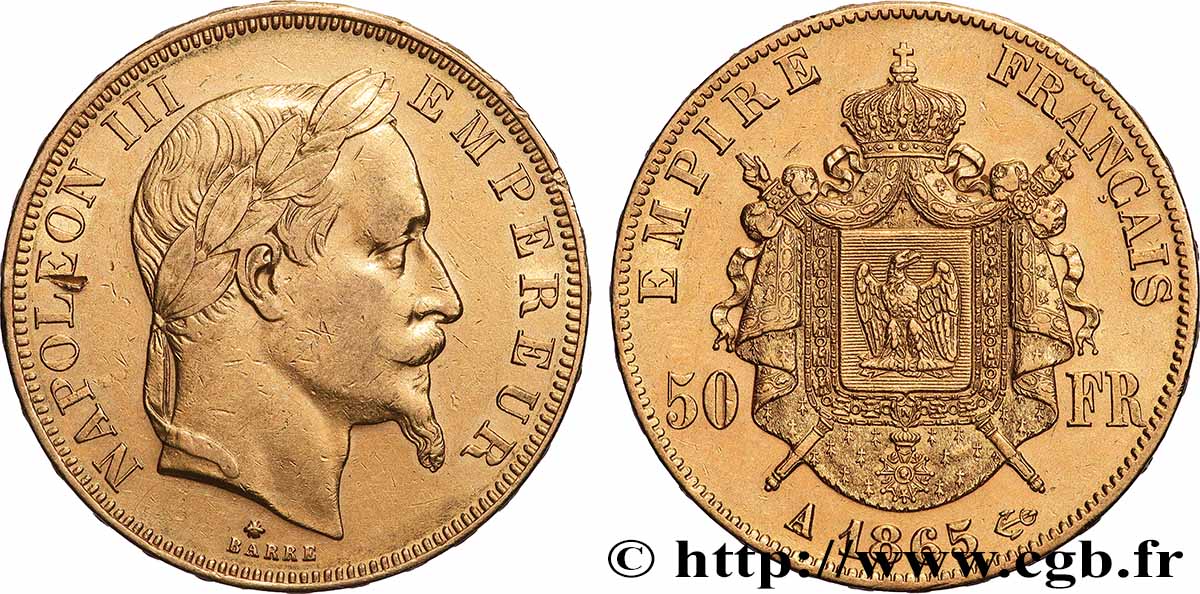 50 francs or Napoléon III, tête laurée 1865 Paris F.548/5 TTB+ 