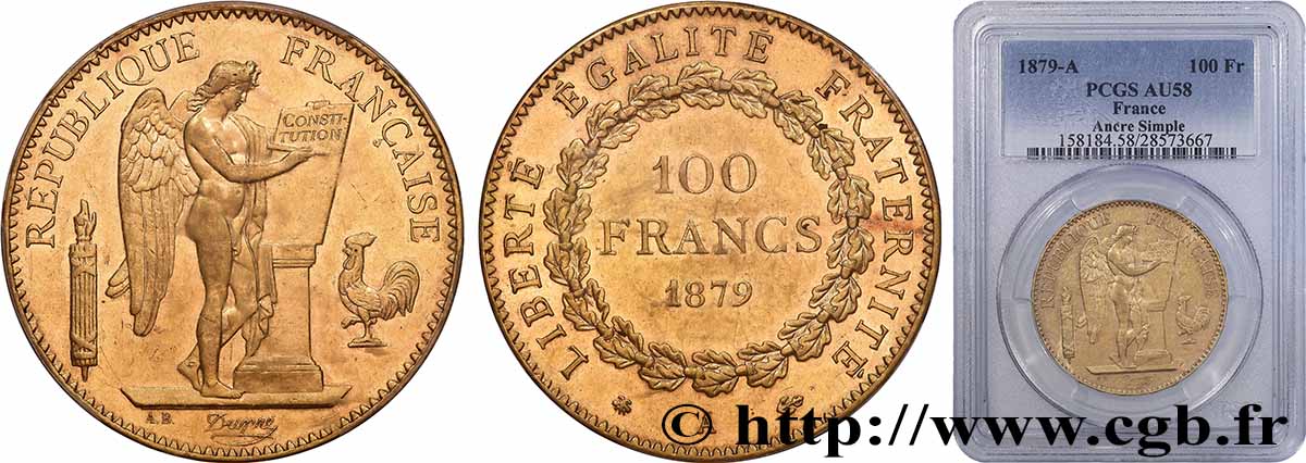 100 francs or Génie, tranche inscrite en relief Dieu protège la France 1879 Paris F.552/2 SUP58 PCGS