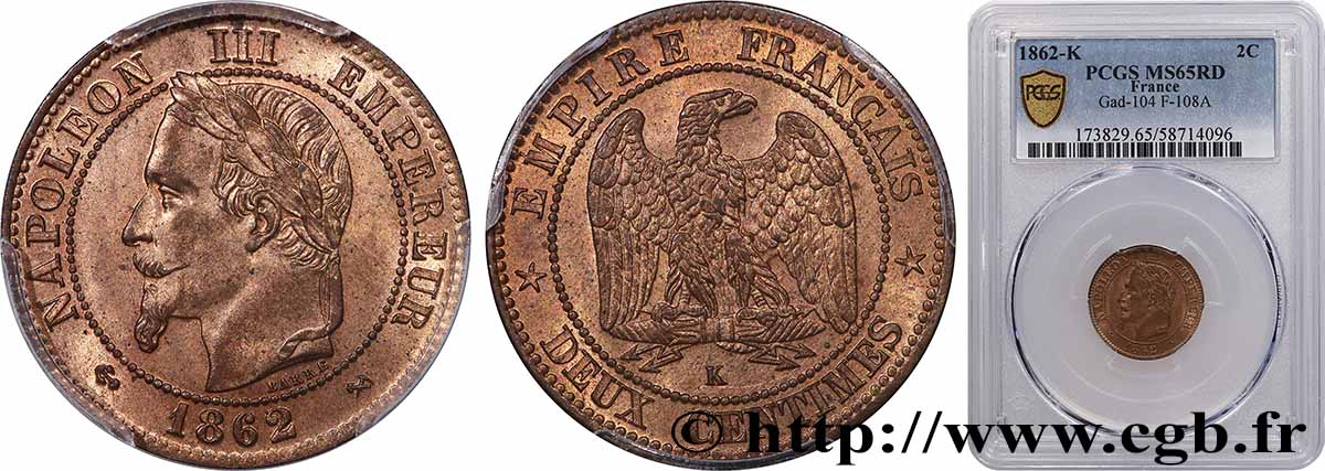 Deux centimes Napoléon III, tête laurée, buste définitif 1862 Bordeaux F.108A/7 MS65 PCGS