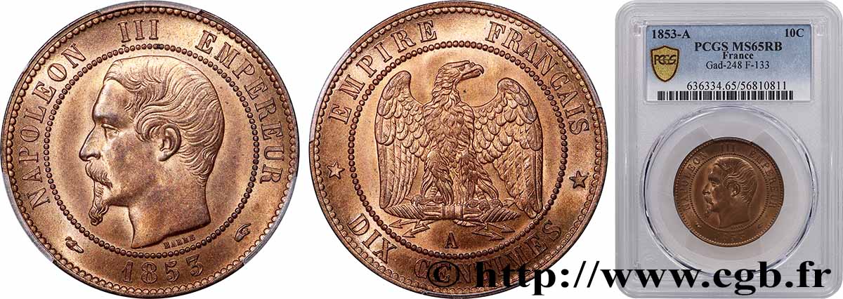 Dix centimes Napoléon III, tête nue 1853 Paris F.133/2 FDC65 PCGS