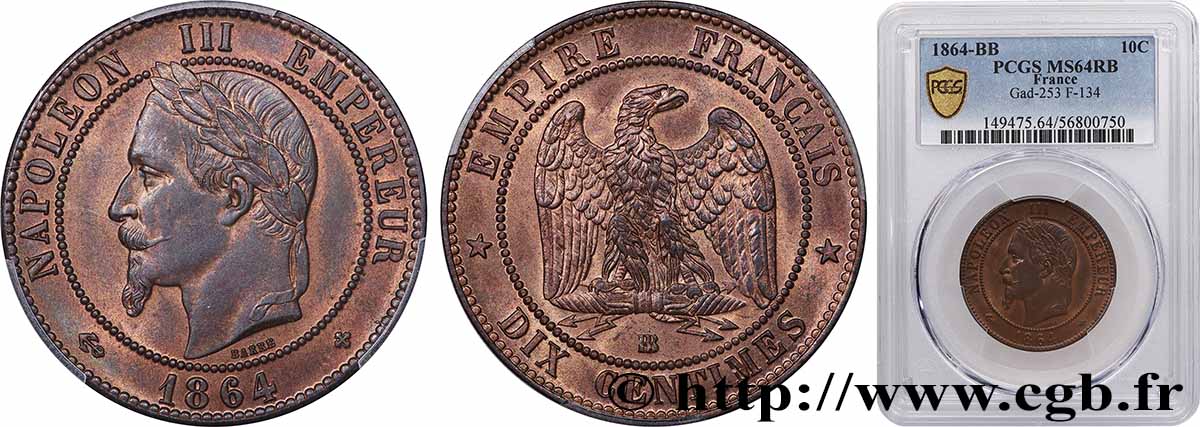 Dix centimes Napoléon III, tête laurée 1864 Strasbourg F.134/14 SPL64 PCGS