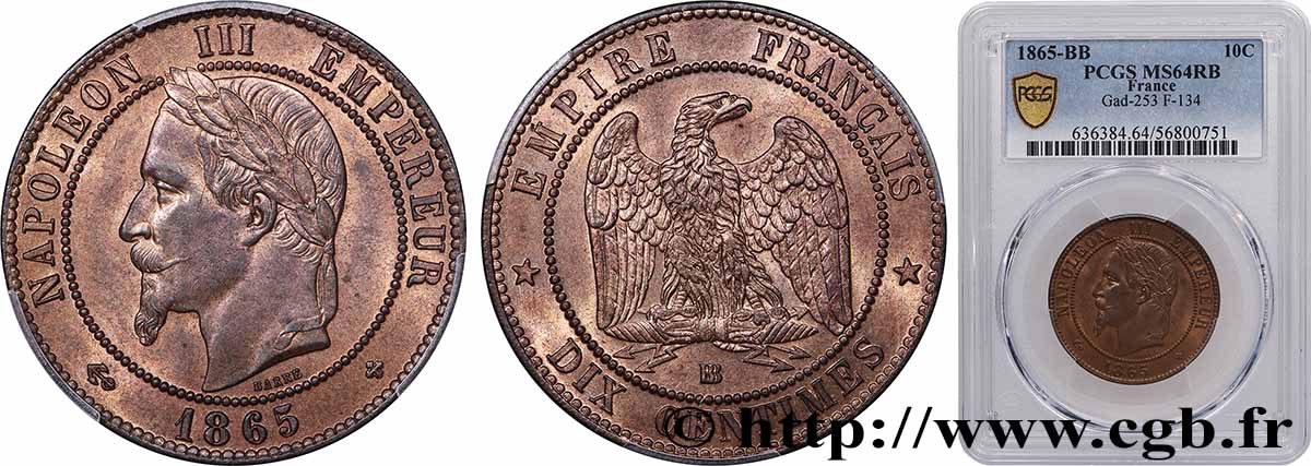 Dix centimes Napoléon III, tête laurée 1865 Strasbourg F.134/17 SPL64 PCGS
