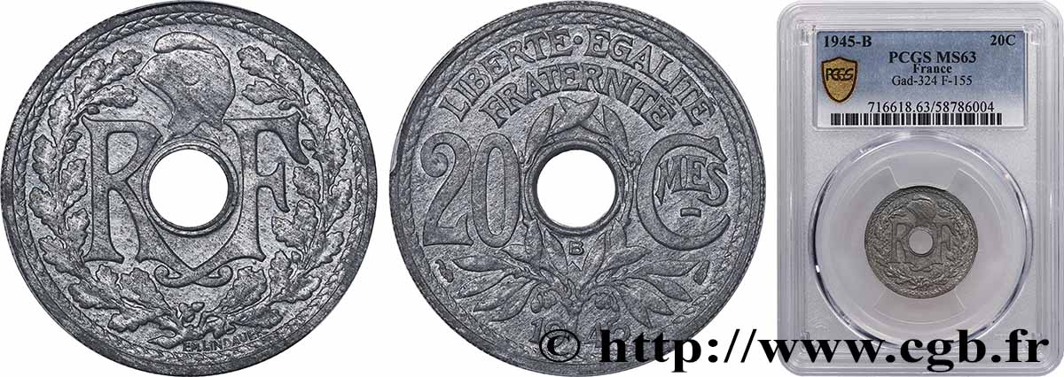 20 centimes Lindauer 1945 Beaumont-le-Roger F.155/3 SPL63 PCGS