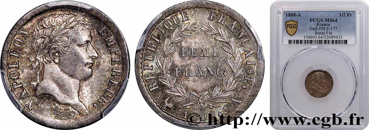 Demi-franc Napoléon Ier tête laurée, République française 1808 Paris F.177/2 SPL64 PCGS