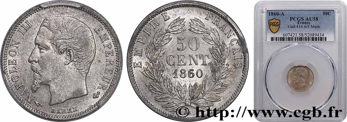 50 centimes Napoléon III, tête nue 1860 Paris F.187/12 SUP58 PCGS