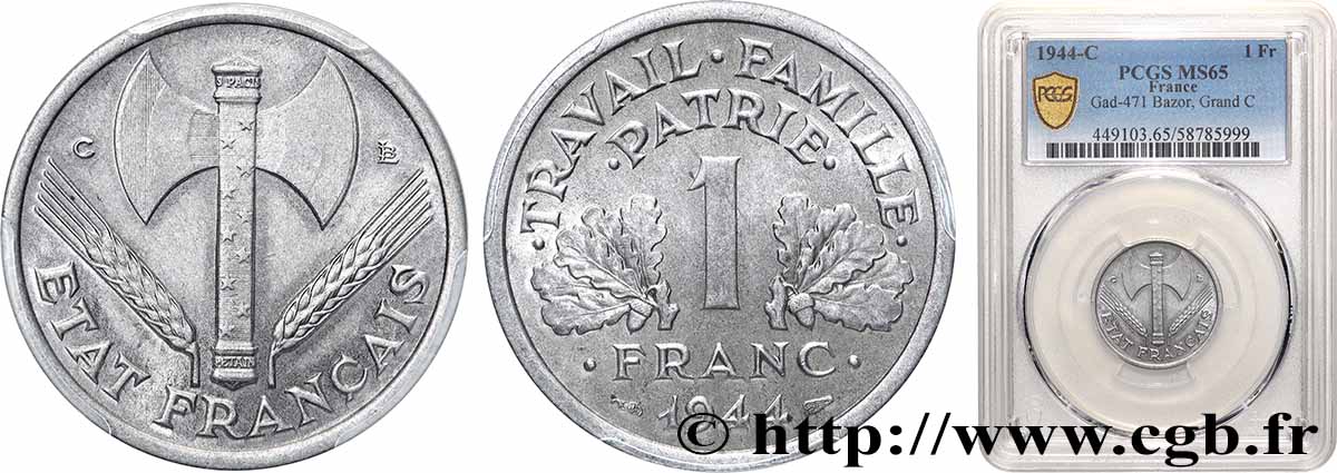 1 franc Francisque, légère 1944 Castelsarrasin F.223/7 FDC65 PCGS