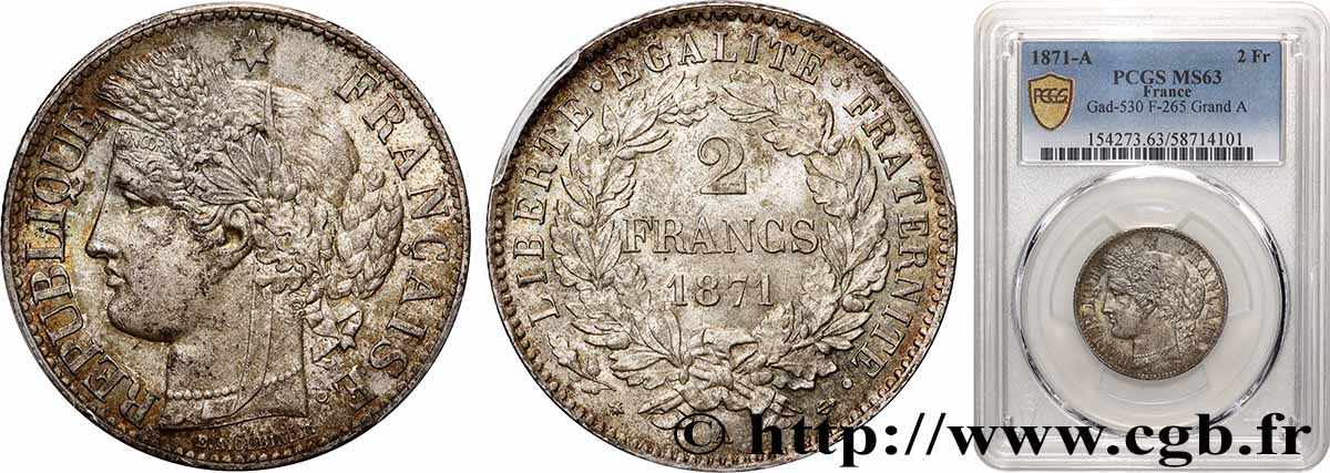 2 francs Cérès, avec légende 1871 Paris F.265/3 SPL63 PCGS