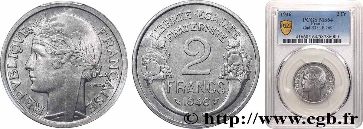 2 francs Morlon, aluminium 1946  F.269/8 SPL64 PCGS