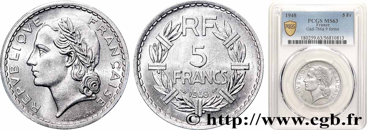 5 francs Lavrillier, aluminium, 9 fermé 1948  F.339/14 SPL63 PCGS