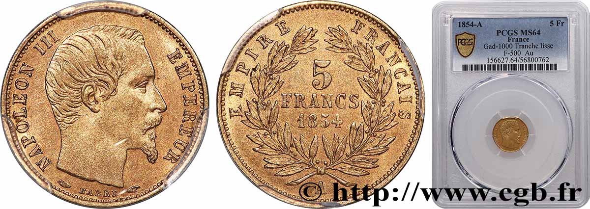 5 francs or Napoléon III, tête nue, petit module, tranche lisse 1854 Paris F.500/1 SPL64 PCGS