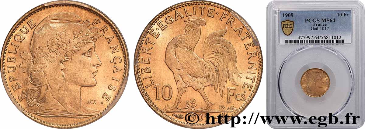10 francs or Coq 1909 Paris F.509/10 SPL64 PCGS