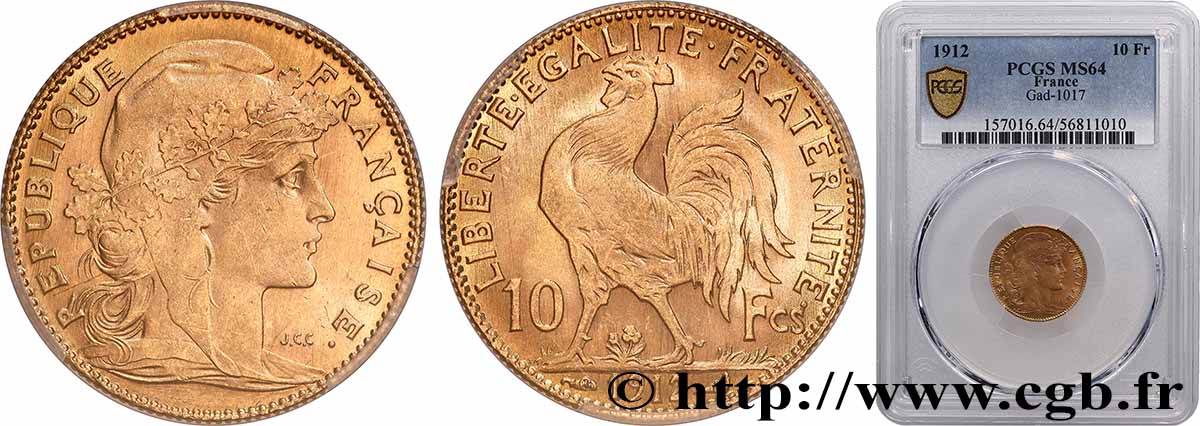 10 francs or Coq 1912 Paris F.509/13 SPL64 PCGS