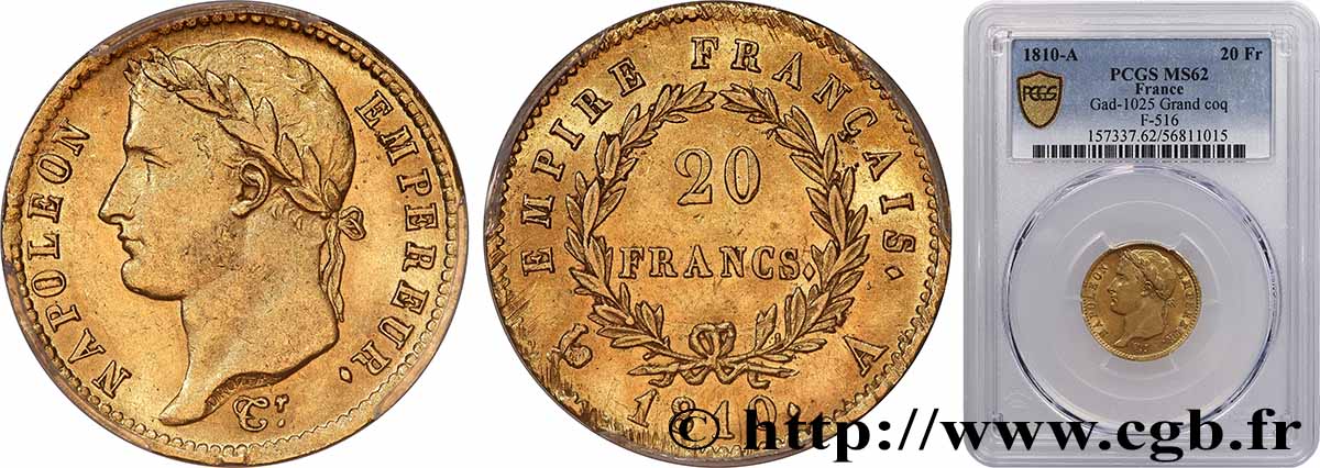 20 francs or Napoléon tête laurée, Empire français 1810 Paris F.516/8 SUP62 PCGS