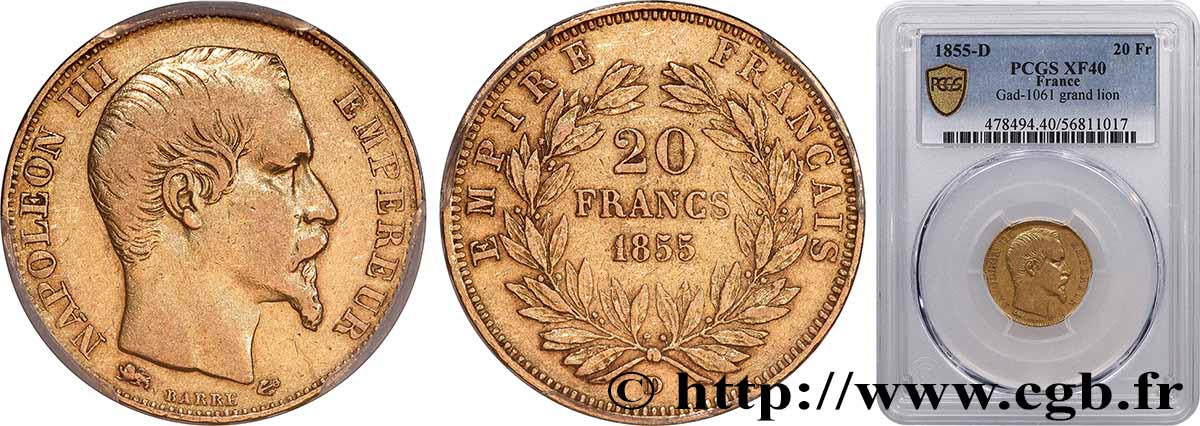 20 francs or Napoléon III, tête nue, Grand Lion 1855 Lyon F.531/8 TTB40 PCGS