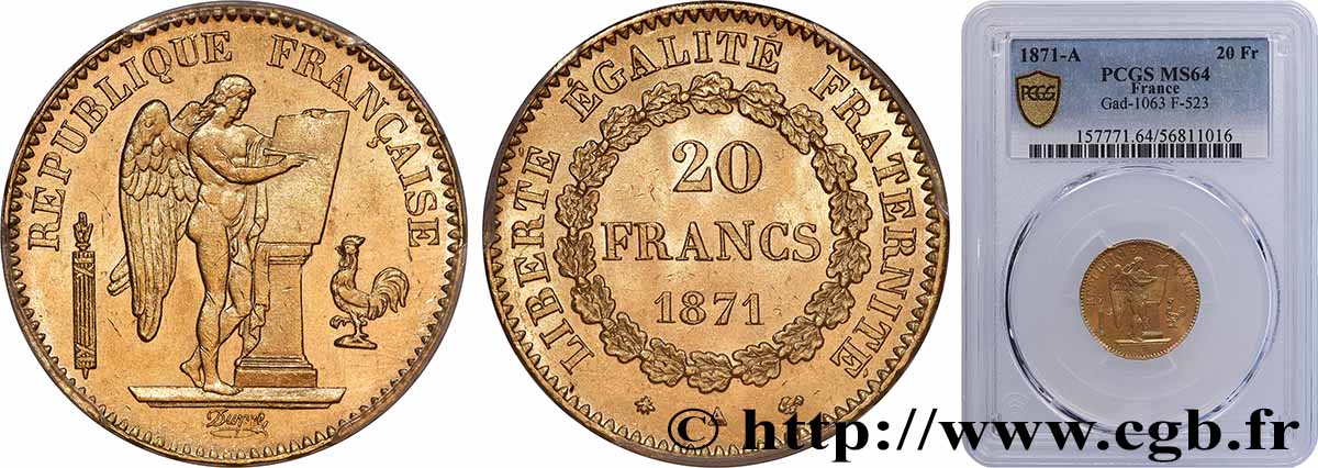 20 francs génie, Troisième république 1871 Paris F.533/1 SPL64 PCGS