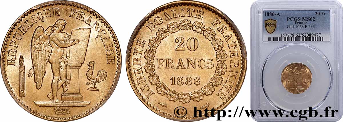 20 francs or Génie, IIIe République 1886 Paris F.533/9 SUP62 PCGS