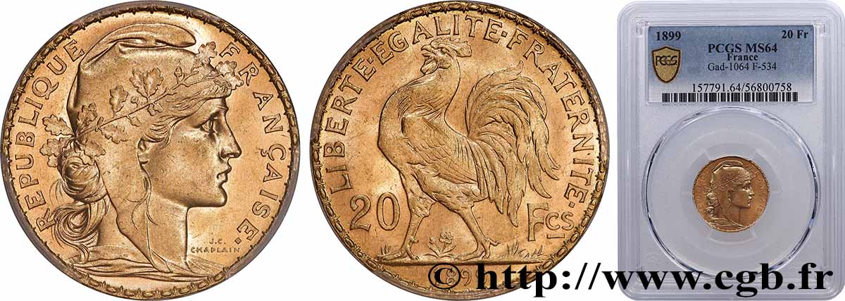 20 francs or Coq, Dieu protège la France 1899 Paris F.534/2 SPL64 PCGS