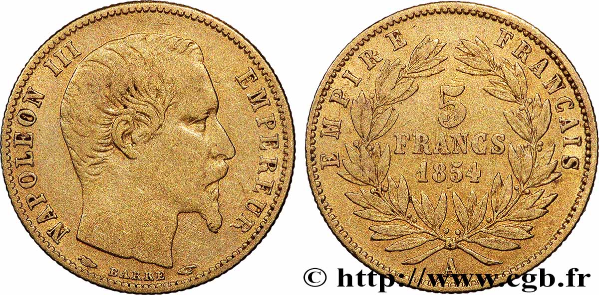 5 francs or Napoléon III, tête nue, petit module, tranche cannelée 1854 Paris F.500A/1 TB 