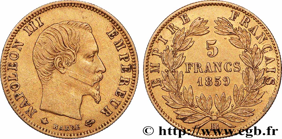 5 francs or Napoléon III, tête nue, grand module 1859 Strasbourg F.501/8 TTB 