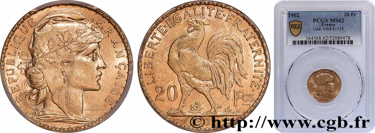 20 francs or Coq, Dieu protège la France 1902 Paris F.534/7 SUP62 PCGS