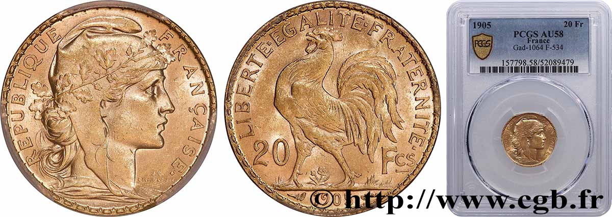 20 francs or Coq, Dieu protège la France 1905 Paris F.534/10 SUP58 PCGS