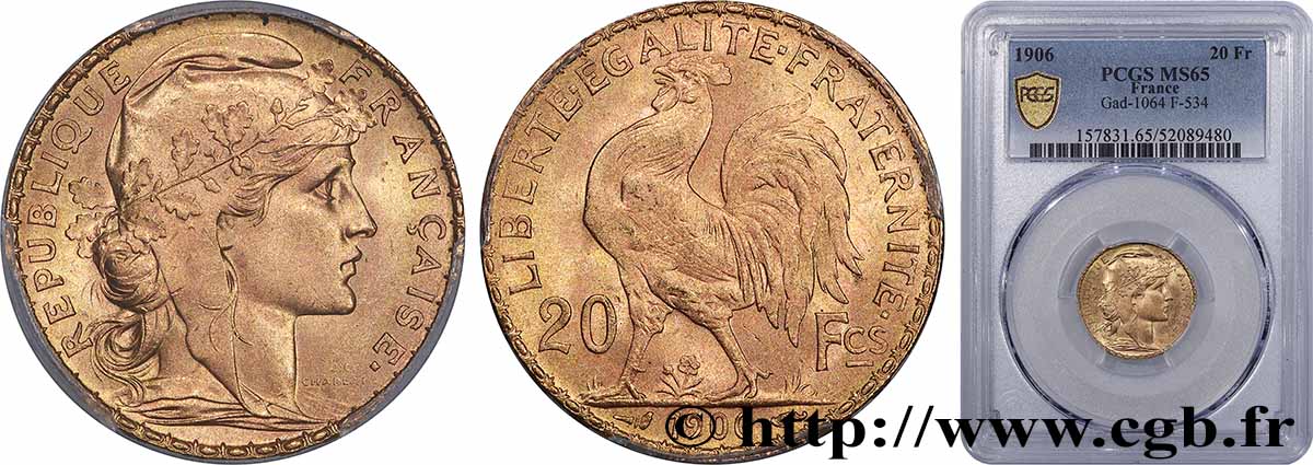 20 francs or Coq, Dieu protège la France 1906 Paris F.534/11 FDC65 PCGS