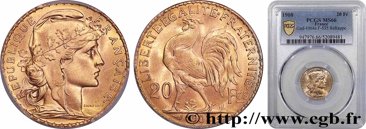 20 francs or Coq, Liberté Égalité Fraternité 1908 Paris F.535/2 FDC66 PCGS
