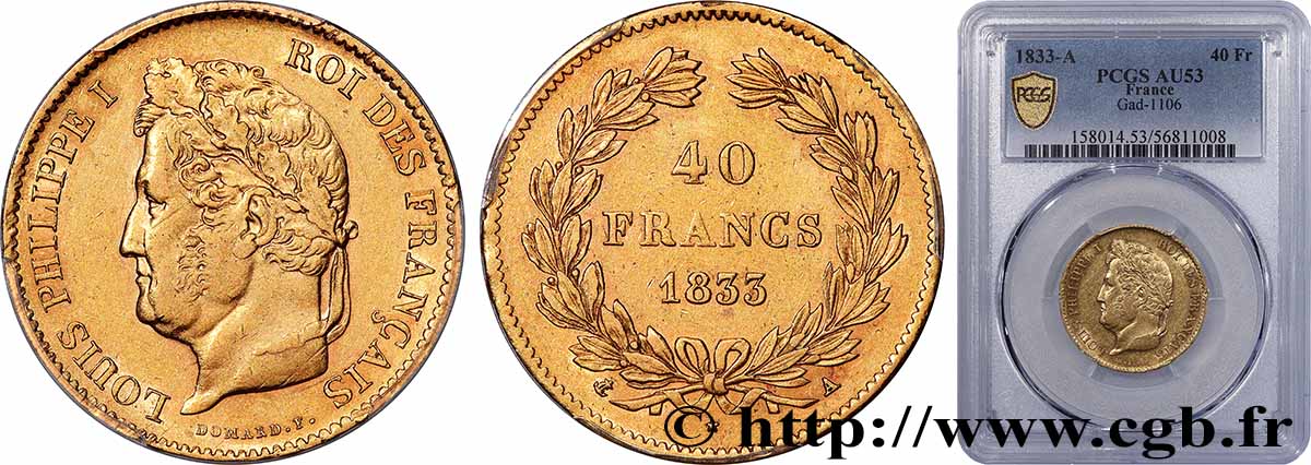 40 francs or Louis-Philippe 1833 Paris F.546/5 TTB53 PCGS