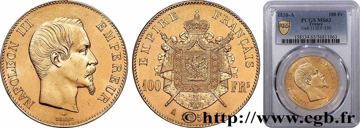100 francs or Napoléon III, tête nue 1858 Paris F.550/5 SPL63 PCGS