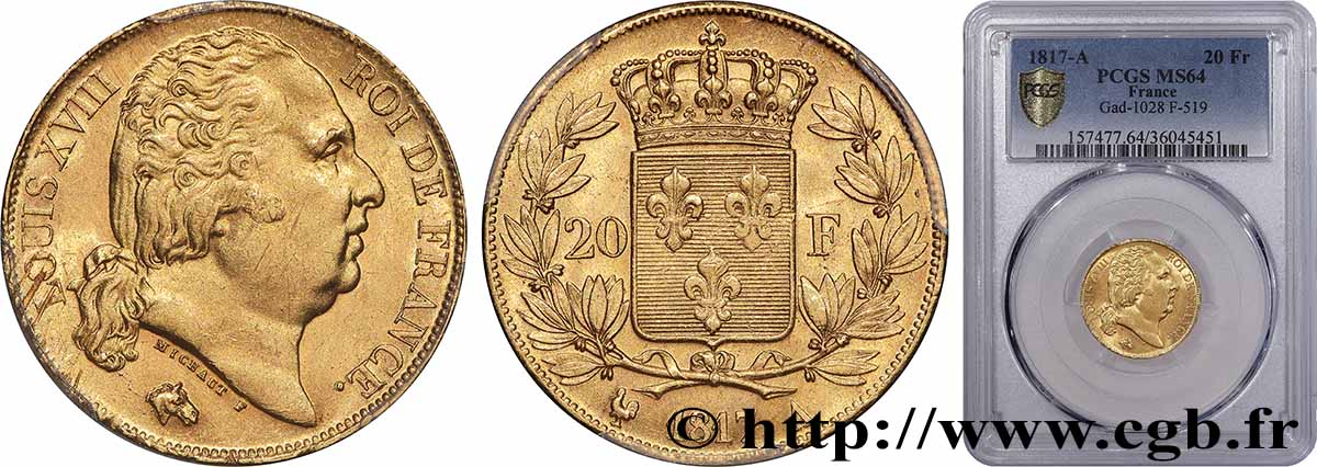 20 francs or Louis XVIII, tête nue 1817 Paris F.519/5 SPL64 PCGS