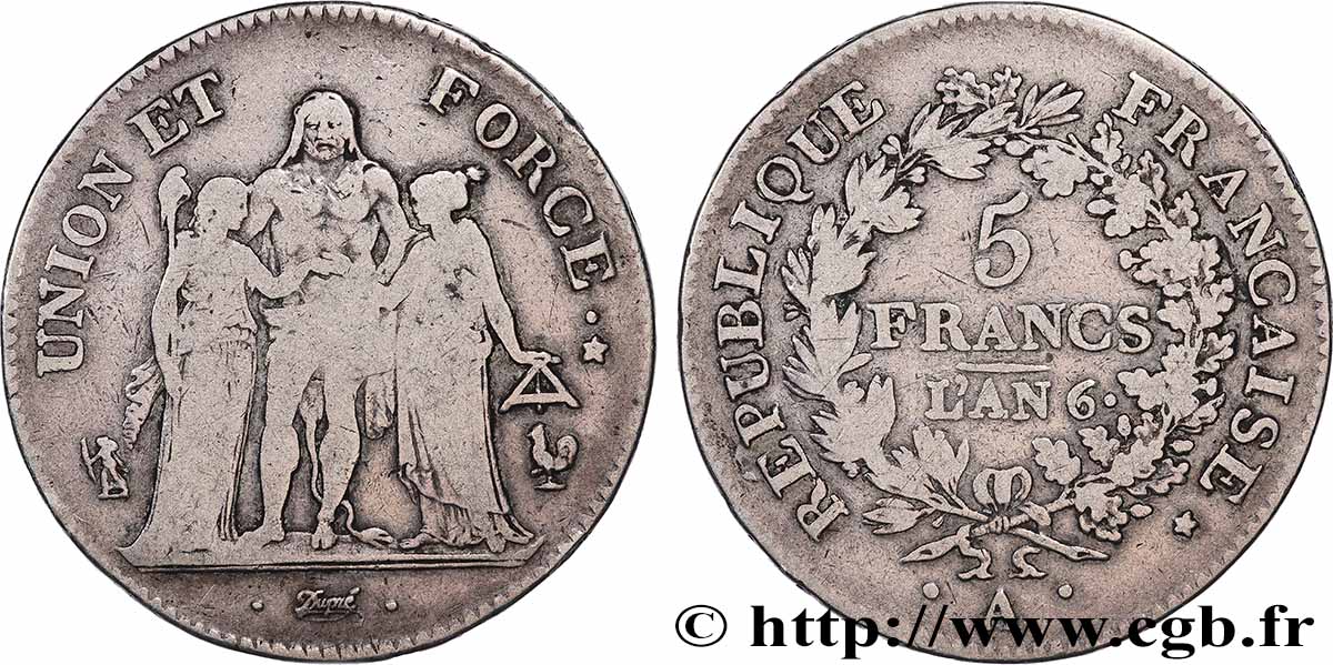5 francs Union et Force, Union serré, glands intérieurs, gland extérieur 1798 Paris F.288/35 TB 
