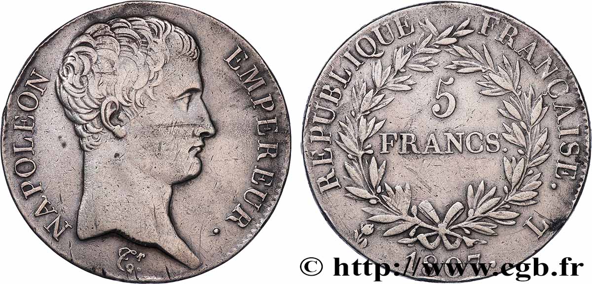 5 francs Napoléon Empereur, Calendrier grégorien 1807 Bayonne F.304/18 TB+ 