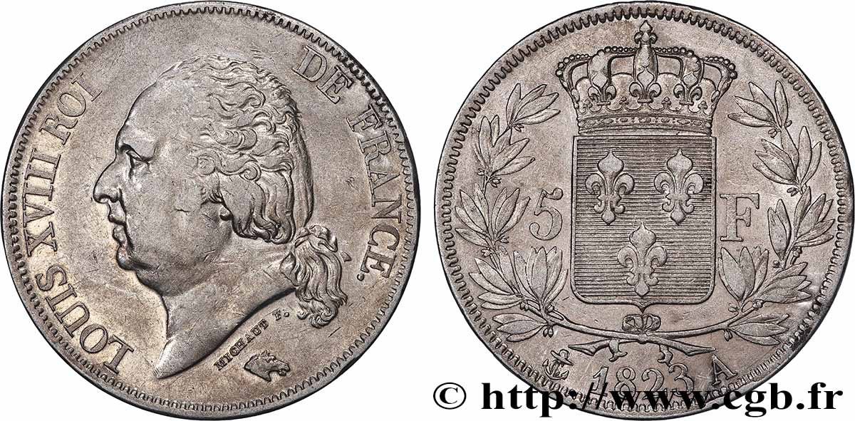 5 francs Louis XVIII, tête nue 1823 Paris F.309/76 TTB 