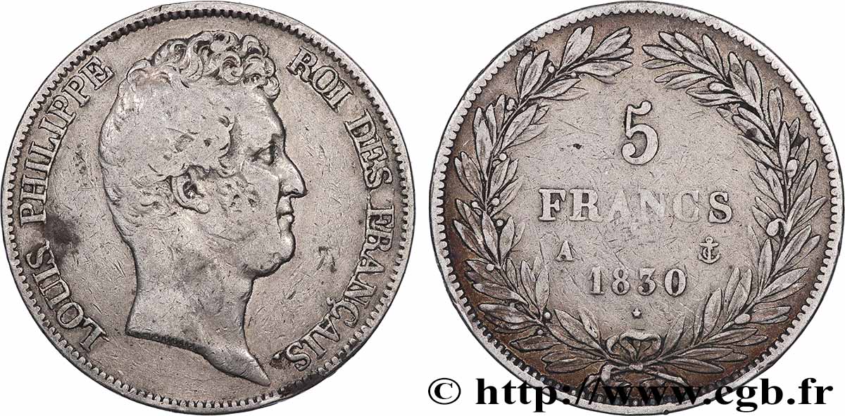 5 francs type Tiolier sans le I, tranche en creux 1830 Paris F.313/1 VF 