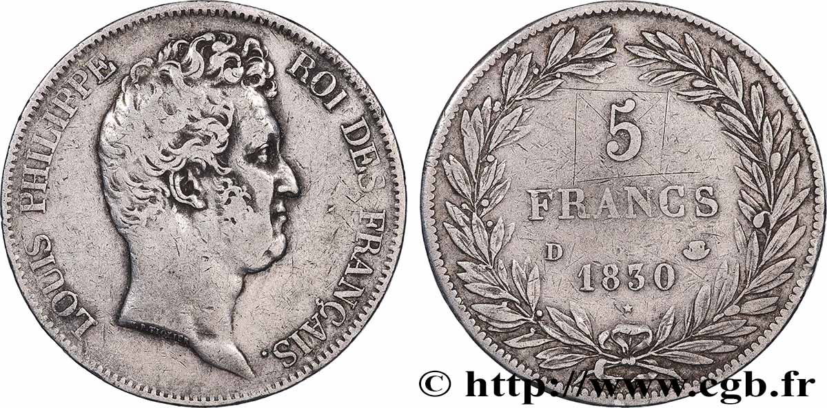 5 francs type Tiolier sans le I, tranche en creux 1830 Lyon F.313/3 MB 