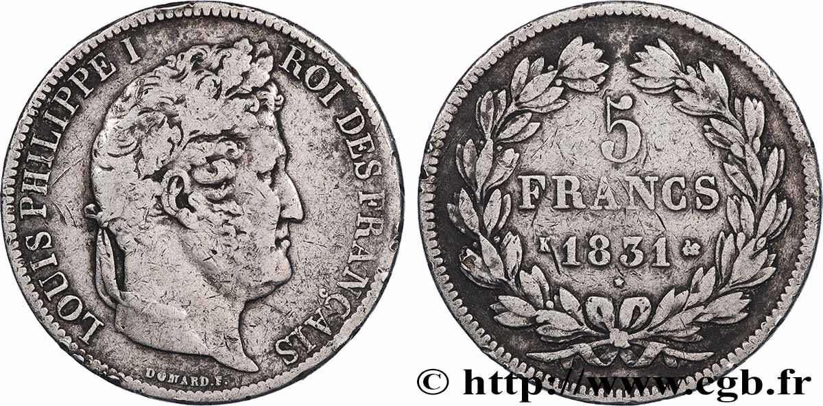 5 francs Ier type Domard, tranche en creux 1831 Bordeaux F.319/4 S 