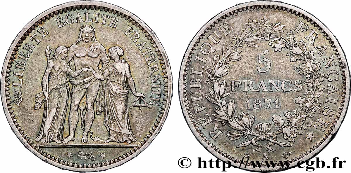 5 francs Hercule, dite “Camélinat” 1871 Paris F.334/3 BB 