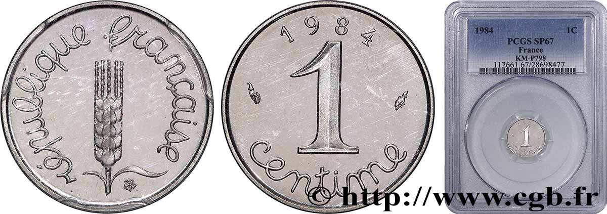 Piéfort argent de 1 centime Épi 1984 Pessac GEM.4 P2 FDC67 PCGS