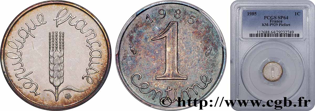 Piéfort Belle Épreuve argent de 1 centime Épi 1985 Paris GEM.4 P2 SPL64 PCGS