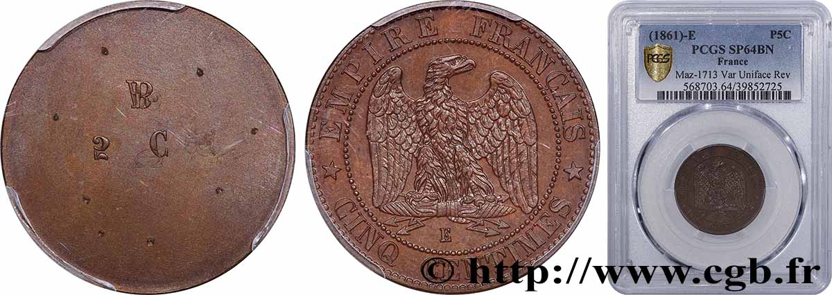 Essai uniface revers de Cinq centimes Napoléon III, tête laurée n.d.  Maz.1713  var. SPL64 PCGS