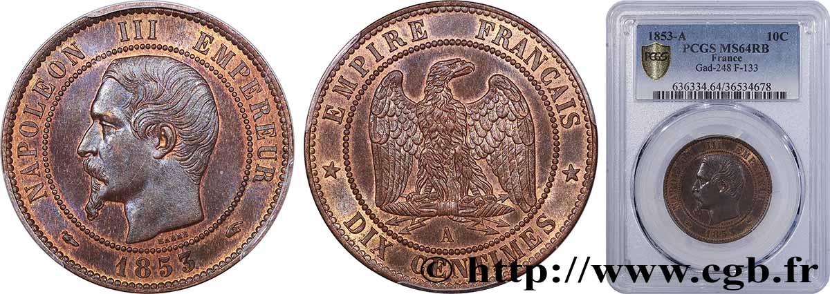 Dix centimes Napoléon III, tête nue 1853 Paris F.133/2 SPL64 PCGS