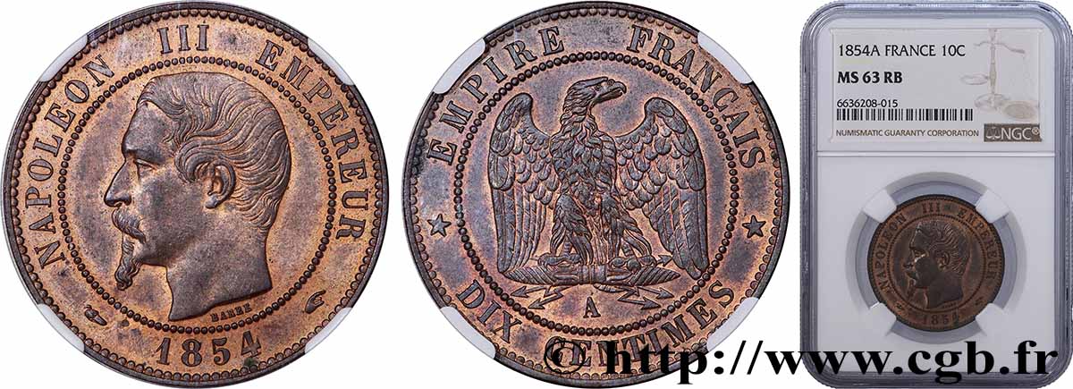 Dix centimes Napoléon III, tête nue 1854 Paris F.133/11 SPL63 NGC