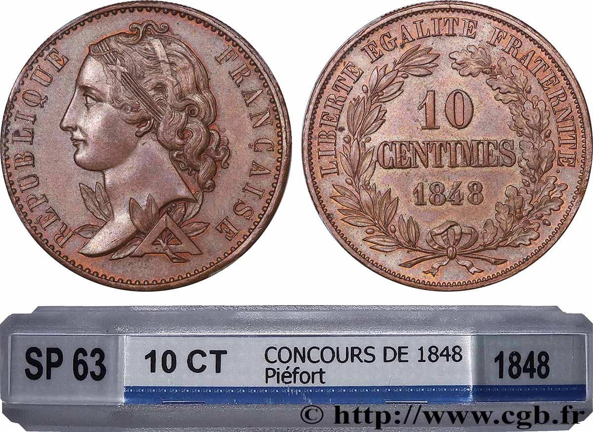 Concours de 10 centimes, piéfort au quadruple,essai en cuivre par Magniadas, premier revers 1848 Paris VG.3165 P SPL63 GENI