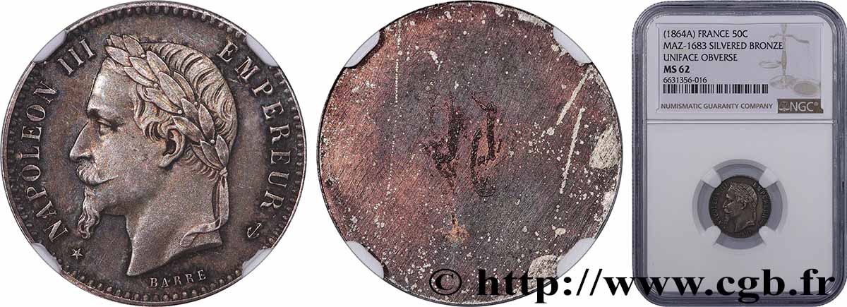 Essai uniface d’avers de 50 centimes Napoléon III en Bronze-Argenté n.d. Paris VG.3661  SPL62 NGC