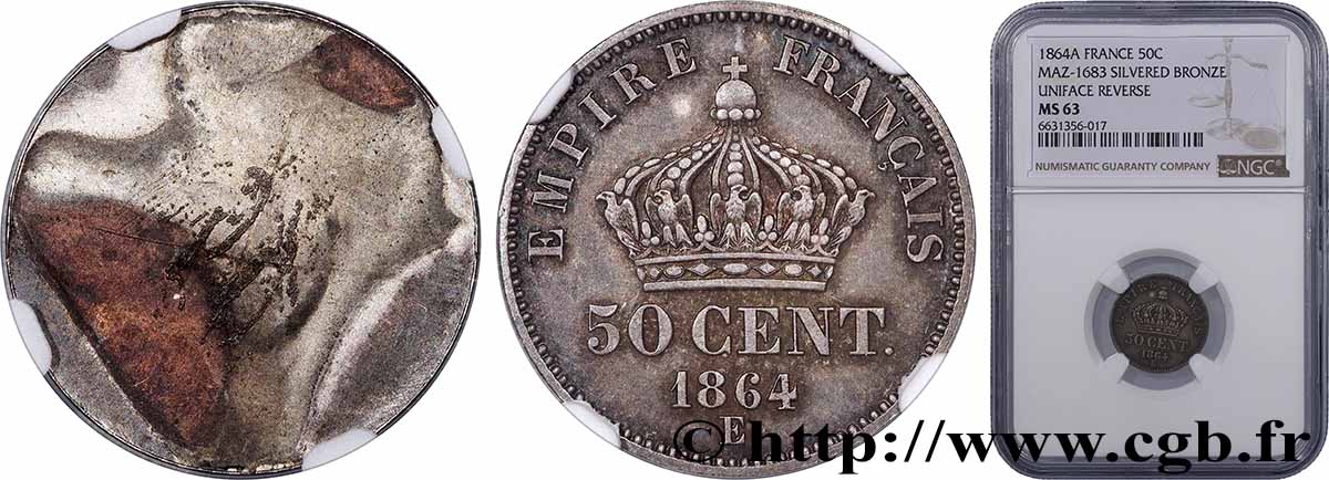 Essai uniface de revers de 50 centimes Napoléon III en Bronze-Argenté n.d. Paris VG.3661  SPL63 NGC