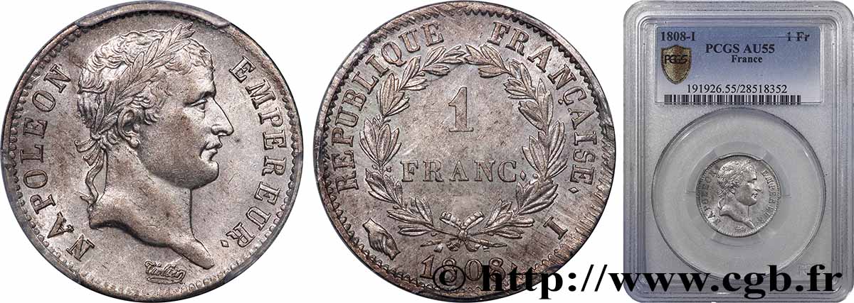 1 franc Napoléon Ier tête laurée, République française 1808 Limoges F.204/7 SUP55 PCGS