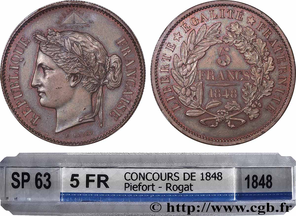 Concours de 5 francs, piéfort en cuivre de Rogat 1848  VG.3091 var SPL63 GENI